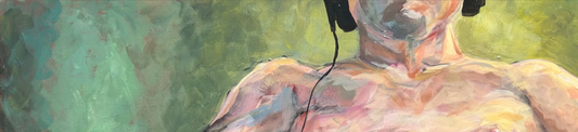 View of a sliver of a painting of a man with headphones on